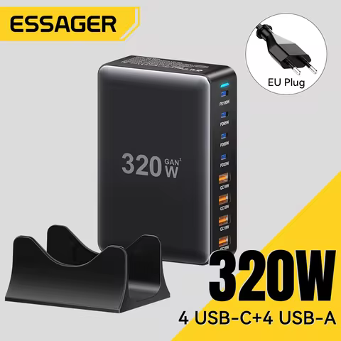 Essager 320W GaN Charger 8Port USB Type C Desktop Charging Station PD 100W Fast Charging For iPhone 