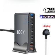 Global 【2025 NEW】800W GaN Desktop Charger 10 Port USB 8C+2A Type C PD Charger Fast Charge 3.0 USB Ty