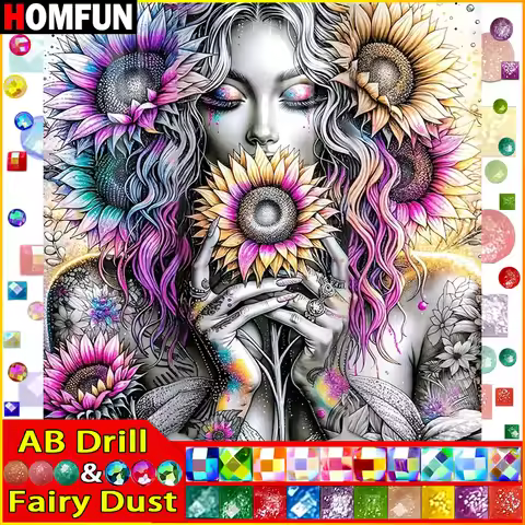 HOMFUN Fairy Dust AB Full Diamond Embroidery "Portrait Beauty Flower" Diamond Painting Patterns Rhin