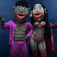 Cartoon Doll Costume - Black Big Head Mascot Outfit with Props