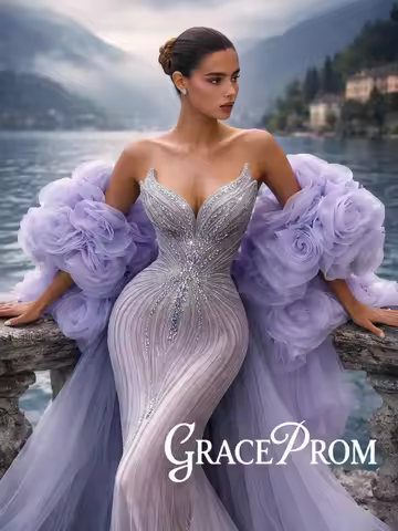 Purple Heavy Beaded Evening Dress Ruffled Shawl Mermaid Long Wedding Party Gown Customized Opulent C