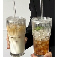 1pc,Striped Glass Cup With Straw And Lid - 20.29oz/600ml, Visually Appealing Glass Drinking Tumbler 
