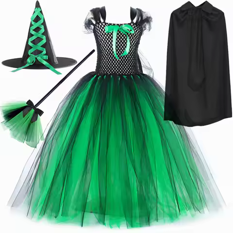 Wicked Elphaba Witch Costume for Girls Green Black Tutu Dress Kids Halloween Carnival Party Dress Up