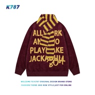 เสื้อสเวตเตอร์ถักลายตัวอักษรสีเหลืองแดง K787 สำหรับผู้ชายและผู้หญิง สไตล์ย้อนยุค สวมใส่สบาย พร้อมผ้า