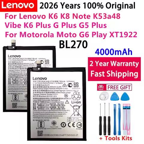2026 Years 100% Original 4000mAh BL270 Battery For Lenovo K6 K8 Note K53a48 Vibe K6 Plus G Plus G5 P