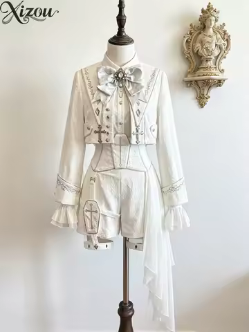 Spring Summer Japanese Ouji Lolita 3-Piece Set White Jacquard Embroidery Jacket Blouse Short Cross 2