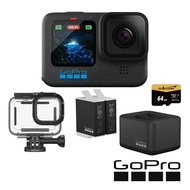 【GoPro】 HERO12 Black 潛水超續航套組 (HERO12單機+60m潛水防護殼+Enduro雙座充+雙電池+64G記憶卡)