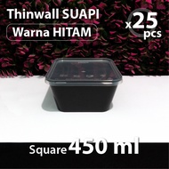 25 pcs pack - Thinwall Square Suapi 450 ML - BLACK - Plastic Box - SQ Container 450 ML