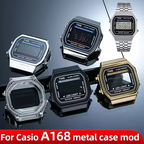 For Casio A168 A168WA Watch Steel Case A168 Mod Kit Stainless Steel Metal Case with Glass Waterproof