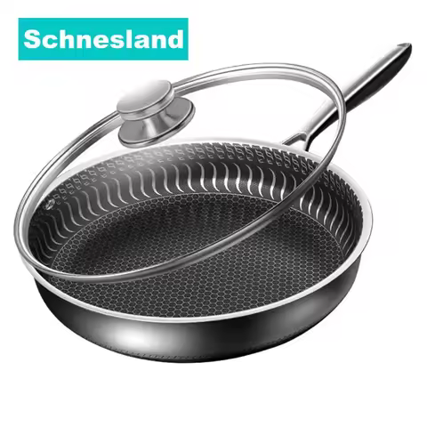 26CM Pan with Lid 316 Stainless Steel Frying Pans Non-stick Uncoated Wok Pan Double-sided Honeycomb