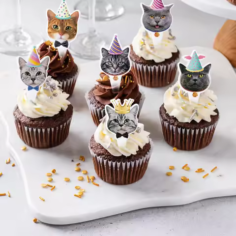 1set Cute Cat Cupcake Toppers Cats Face Cake Topper Pet Theme Cake Decorations Picks Cat Themed Birt