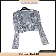 Trendy Glamorous Gold Sequined Long Sleeve Crop Jacket for Women Classy Clothes