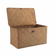 Handmade Straw Woven Storage Basket with Lid Makeup Organizer Storage Box Seagrass Laundry Baskets R