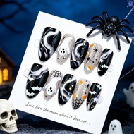 Halloween 3D Ghost Almond Nails - Dark Spider Web Gilt Manicure