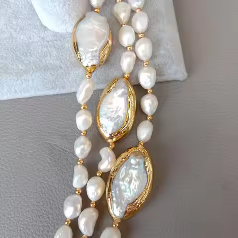 Y·YING 20" 3 rows Cultured Baroque Pearl Necklace Keshi Pearl Gold color Plated Connector chokers lu