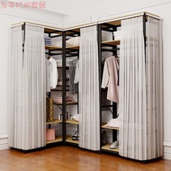 HY&amp; Thickened Corner Hanger Small Apartment Open Steel Wood Wardrobe Bedroom Combination Metal Cloakroom Clothes Rack Ca