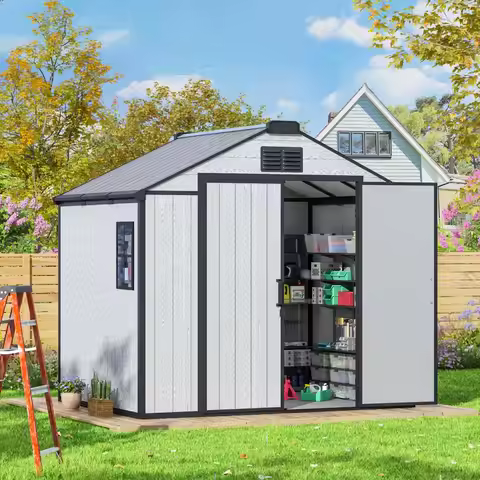 8 x 6 FT Outdoor Storage Tool Shed with Windows and Lockable Door, Resin Outdoor Storage Shed with F