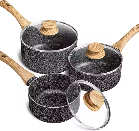 3-Piece Nonstick Saucepan Set with Lids, 1QT 2QT 3QT Black Granite Stone Coating