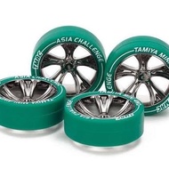 TAMIYA 95686 MEDIUM DIA. LOW PROFILE TIRE & BLACK PLATED A-SPOKE WHEEL SET (ASIA CHALLENGE)