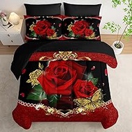 AILONEN 3D Oil Painting Red Rose Comforter Set Full Size,7-Piece 3D Rose and Butterfly Pattern Bed i