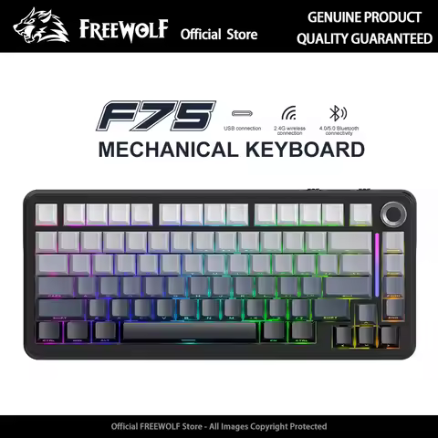 F75 Mechanical Keyboard Wireless with Metal Knob FREEWOLF 75% RGB Hot-Swap Gaming Keyboard 4000mAh H