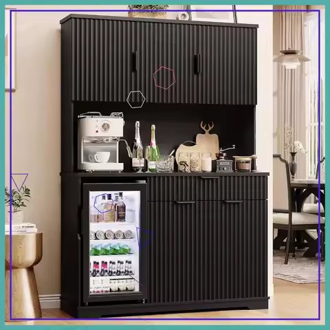 69" Black Kitchen Pantry with Wine Fridge, Fluted Coffee Bar Cabinet, Storage Hutch for Living Room 