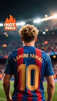 AI CHATGPT \"Lamine Yamal 10\" Soccer Jersey - Red & Blue Stripes Gold Print Football Team Shirt Wit