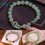 [Jei] Fashion Double Ring Interlocking Hetian Jade Beaded Bracelet Female Ins Style Love Safety Buck