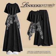 Ord-SEt 3 90cm skirt pants+black t-shirt+long-sleeved striped concealer shirt, female personality, s