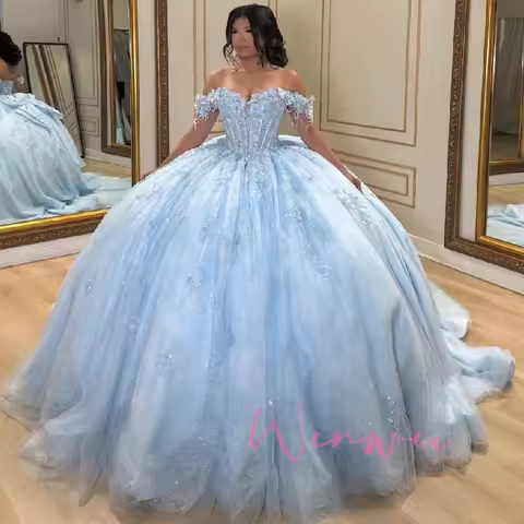 Sophie Store Customized Sky Blue Shiny Quinceanera Dresses Off The Shoulder Applique Lace Beads Bow 