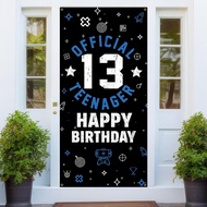 Happy 13th Birthday Decoration for Teenager, Fabric Blue White Backdrop Yard Sign Photo Prop