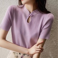 Chinese Style Cheongsam Button Top, Ice Silk Knitwear Women Cheongsam Button Retro Short-Sleeved T-Shirt Top