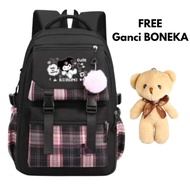 Tas Ransel Anak Perempuan Kulit Lunak Motif Kotak KUR0MI Fashionable dengan Aksesoris Free