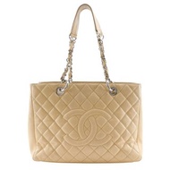 【日本直送】香奈兒 CHANEL Grand Shopping Tote 托特包 GST 菱格紋鏈帶托特包 A50995 魚子醬皮革 米白色【二手】