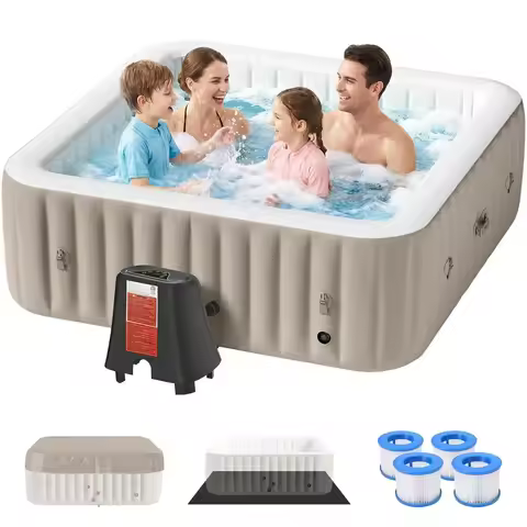 Square Inflatable Hot Tub 4-6 Person Portable Outdoor Spa with 130 Air Jets Heater Pump Insulated Co