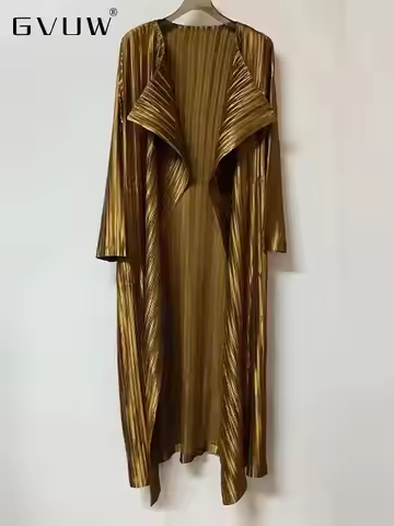 GVUW Pleated Niche Design Long Windbreaker Women Lapel Open Stitch Full Sleeve Outwear New 2025 Loos