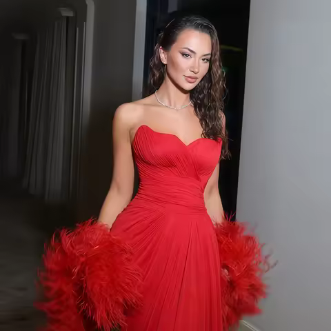 Sharon Said Dubai Elegant Red Strapless Chiffon Mermaid Evening Dress Pleated with Feather Cape Wedd