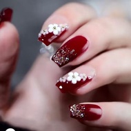 24Pcs Wine Red Flower Fake Nails with Glue DIY Art Design False Nails Wearable Nails Stylish Pattern