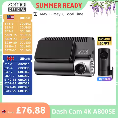 70mai A800SE Dash Cam 4K UHD Cinema-quality Built-in GPS ADAS 70mai 4K A800SE Support 24H Parking Su