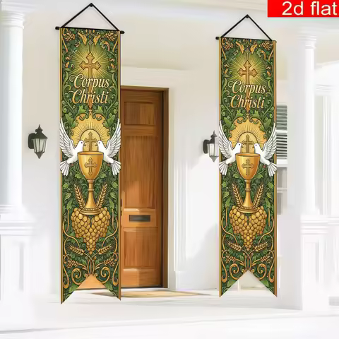 1 pair, 2D flat, Corpus Christi themed welcome door decorations, Grail and Dove of Peace design, par