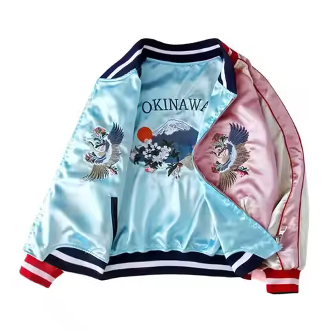 Spring Embroidery Satin Baseball Jacket Women Sukajan Bomber Coat Female Girls Double Sided Jackets 