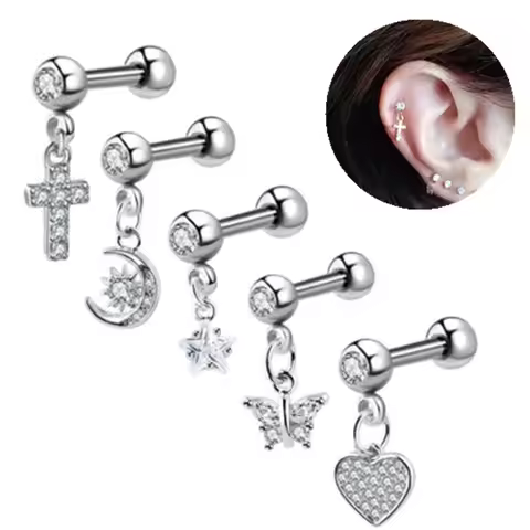 1PCS Moon Ear Cartilage Stud Earring Barbell Cz Star Tragus Piercing Stud Earring Helix Jewelry Dait