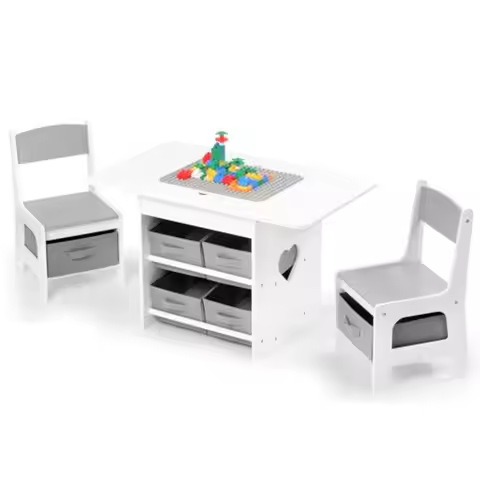 Table and 2 Chairs Set 2-in-1 Plastic Building Blocks-Compatible Activity with 6 Storage Bins Boxes 
