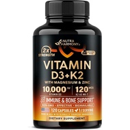 Vitamin D3 K2 - Vitamin D3 10000 iu & K2 as MK-7 120 mcg Complex - 120 Caps | D3 K2 + Magnesium, Zin