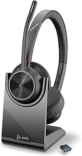 Poly Voyager 4320 UC Wireless Headset &amp; Charge Stand (Plantronics) - Stereo Headphones w/Noise-Canceling Boom Mic - Connect PC/Mac/Mobile via Bluetooth-Works w/Teams (Certified), Zoom-Amazon Exclusive