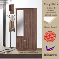 [183cm x 80cm][3Locks] CozyNetz 2 Door 2 Drawer Wardrobe with 3 Locks Mirror | Almari Baju 2 Pintu 2