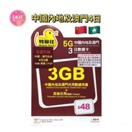 鴨聊佳 中國內地【升級4日3夜共3GB】5G高速無限 數據咭 上網咭 旅行電話咭 Data Sim咭(可連接各大社交平台及香港網站)