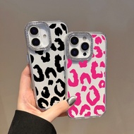Pink Black Leopard Diamond Inlaid Frame Plain Case For Vivo Y04 Y29S Y19E Y19S Y29 Y200 Y28 Y35 Y39 