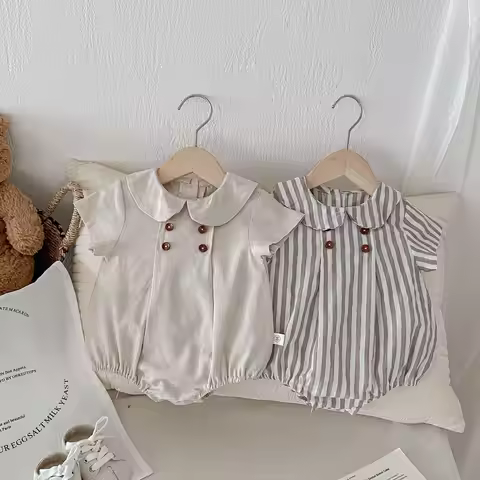 Summer Cotton Toddler Bodysuit Stripe Thin Toddler One Peice Loose Turndown Collar Infant Onesie New