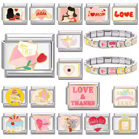 Fashion Pink Love Ring Marriage Mom Best Italian Charm Links Fit 9mm Stainless Steel Bracelet Couple